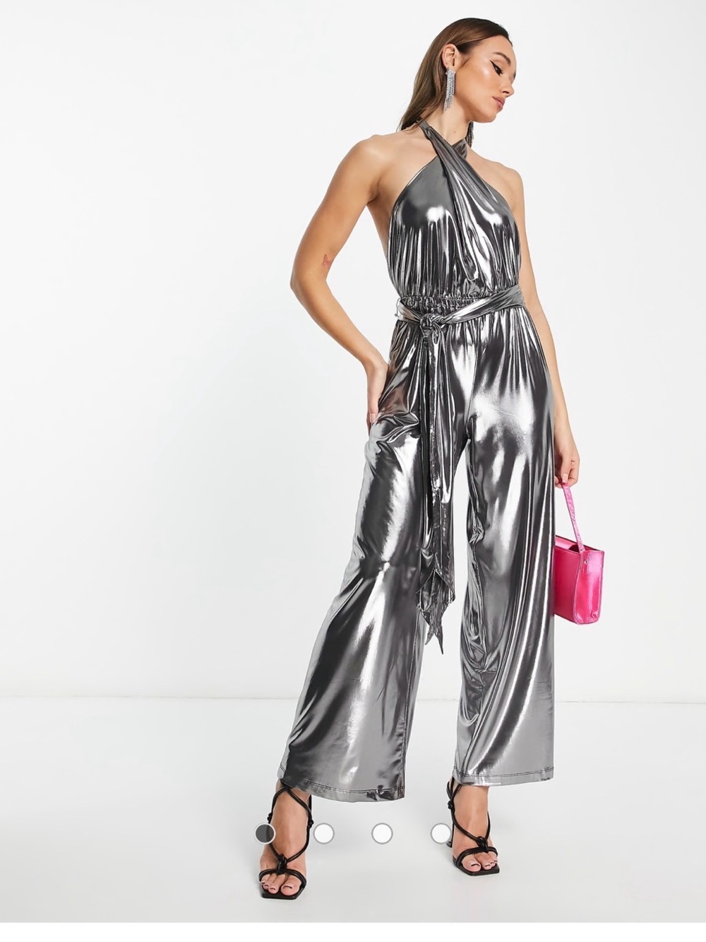 French Connection NWT halter wide leg high shine Metallic silver Jumpsuit - S